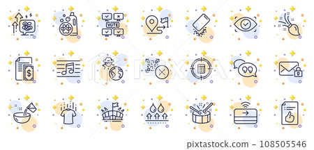Outline set of Quote bubble, Brush and Musical note line icons for web app. Include Qr code, Approved document, Stress grows pictogram icons. Payment, Contactless payment, Dry t-shirt signs. Vector Outline set of Quote bubble, Brush and Musical note line icons for web app. Include Qr code, Approved document, Stress grows pictogram icons. Payment, Contactless payment, Dry t-shirt signs. Vector 108505546