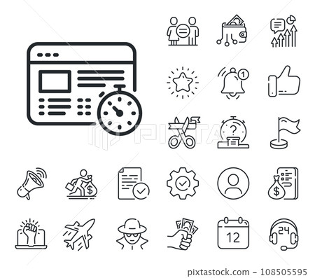Online quiz test sign. Salaryman, gender equality and alert bell outline icons. Web timer line icon. Web timer line sign. Spy or profile placeholder icon. Online support, strike. Vector 108505595
