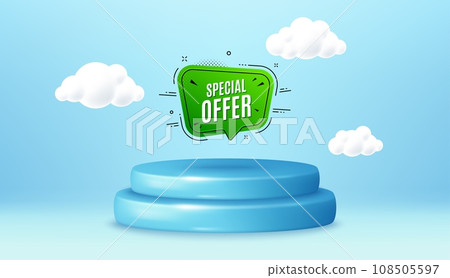 Special offer banner. Winner podium 3d base. Product offer pedestal. Discount sticker shape. Sale coupon bubble icon. Special offer promotion message. Background with 3d clouds. Vector Special offer banner. Winner podium 3d base. Product offer pedestal. Discount sticker shape. Sale coupon bubble icon. Special offer promotion message. Background with 3d clouds. Vector 108505597