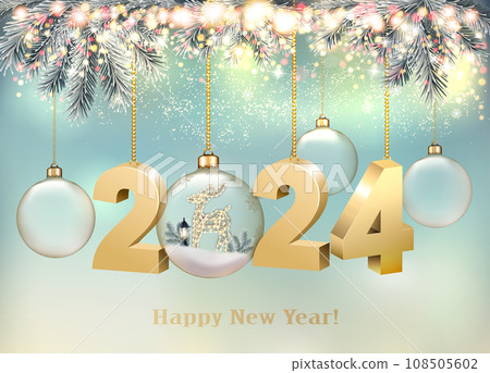 Abstract holiday christmas light background with gold 2024 numbers and transparent balls. Vector illustration Abstract holiday christmas light background with gold 2024 numbers and transparent balls. Vector illustration 108505602