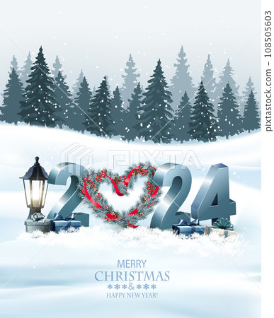 Merry Christmas and Happy New Year Holiday background with gift boxes, Christmas wreath and blue glitter 2024 numbers. Vector. 108505603