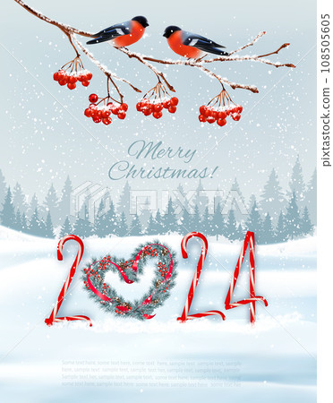 Holiday Christmas background and Happy New Year with red bullfinches on branch of a christmas tree and 2024 numbers. Vector Holiday Christmas background and Happy New Year with red bullfinches on branch of a christmas tree and 2024 numbers. Vector 108505605