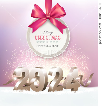 Merry Christmas and New Year Holiday background with a gold 2024 and gift card with ribbon. Vector. Merry Christmas and New Year Holiday background with a gold 2024 and gift card with ribbon. Vector. 108505610