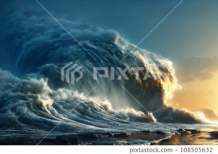 Nature's fury unleashed. The onslaught of the giant tsunami wave. AI-generated 108505632