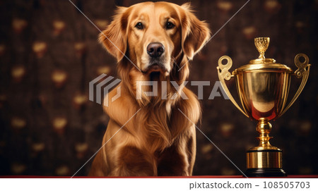 labrador with the Golden Cup of the winner at the show. 108505703