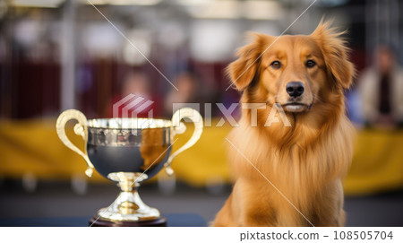 A champion in every sense, this dog's golden winner's cup signifies top-tier success. 108505704