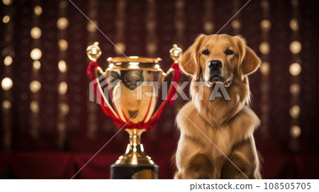 Success shines through as this dog celebrates with a brilliant golden winner's cup. 108505705