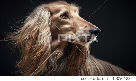 The Afghan Hound's portrait radiates nobility and sophistication, a true canine masterpiece. 108505822