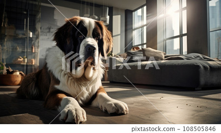 Cute pup indoors, looking content. 108505846