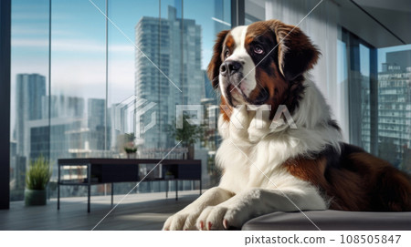 Dog sitting calmly in living room. 108505847