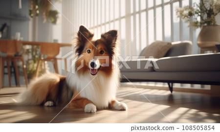 Pet dog resting on a cozy rug. Pet dog resting on a cozy rug. 108505854