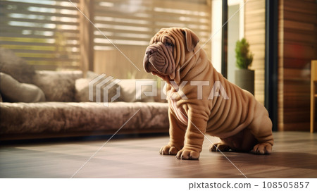 Dog sits regally in house. Dog sits regally in house. 108505857