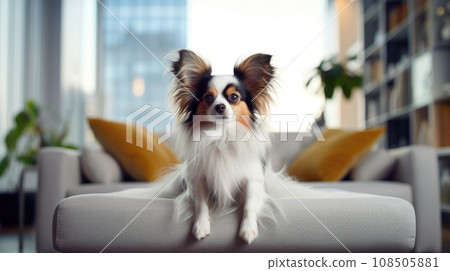 Happy dog indoors, wagging tail. 108505881