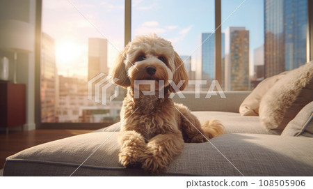 Cozy living room, happy dog 108505906