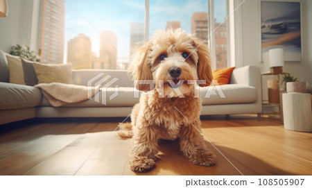 Organized living room, joyful pet 108505907