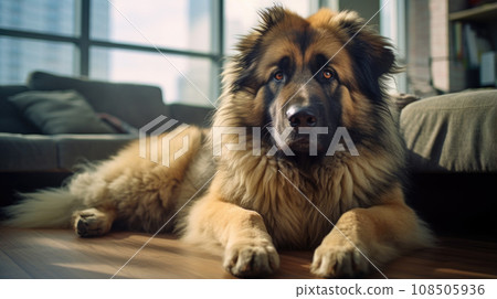 Cozy living room, contented dog, responsible pet care. Cozy living room, contented dog, responsible pet care. 108505936