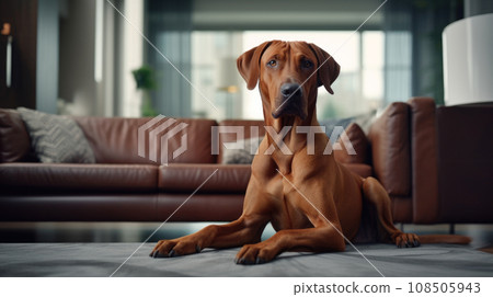 Living room elegance combines with pet well-being as a tidy dog joins in. 108505943