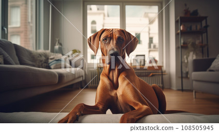 A serene living room hosts a well-trained dog, a testament to care and responsibility. 108505945