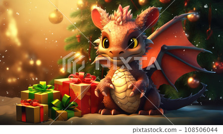 An amusing illustrated dragon adds whimsy to the holiday scene, nestled among a Christmas tree and gifts An amusing illustrated dragon adds whimsy to the holiday scene, nestled among a Christmas tree and gifts 108506044
