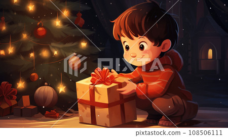 Illustration of a joyful boy unwrapping a Christmas gift by the tree, brimming with holiday excitement 108506111