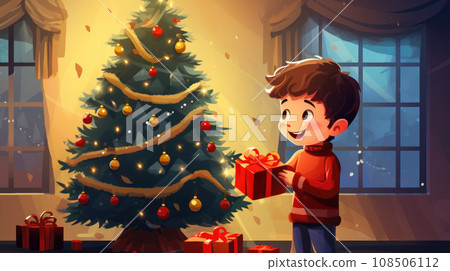 Festive illustration: A young boy's elation while opening a Christmas gift under the beautifully adorned tree Festive illustration: A young boy's elation while opening a Christmas gift under the beautifully adorned tree 108506112