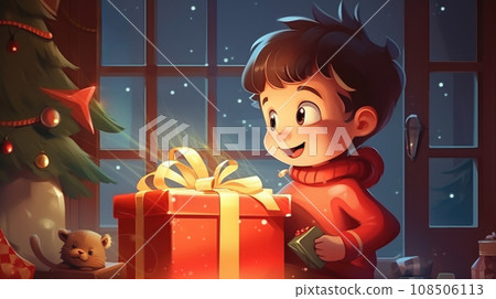 An illustrated scene of a delighted boy discovering his holiday present by the Christmas tree 108506113