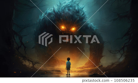 A frightened child facing a nightmarish monster, captured in a surreal and haunting dreamworld 108506235