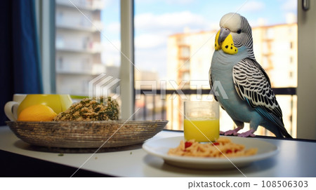 Budgerigar's vibrant presence adds a touch of nature to this modern apartment Budgerigar's vibrant presence adds a touch of nature to this modern apartment 108506303