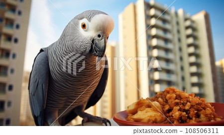 Feathered friend in an apartment setting, the African gray parrot brightens everyday life 108506311