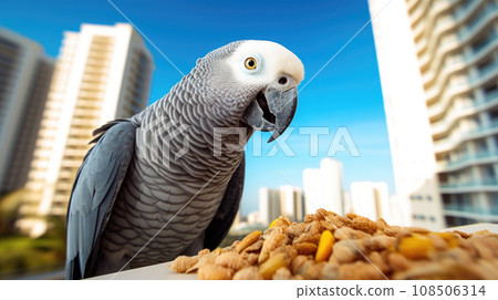 African grey parrot with food on the background of apartments. 108506314