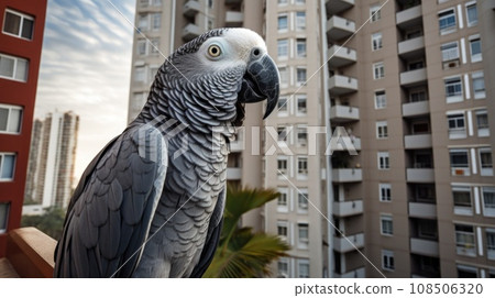 African grey parrot on the background of apartments. African grey parrot on the background of apartments. 108506320