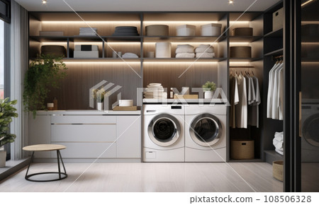 Laundry room with gray cabinets. Laundry room with gray cabinets. 108506328