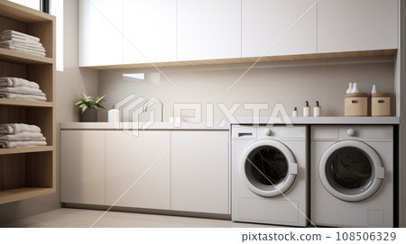 Modern laundry room with bright lighting and contemporary appliances. Modern laundry room with bright lighting and contemporary appliances. 108506329
