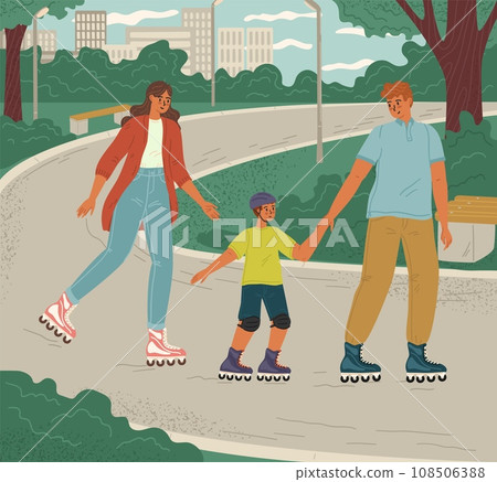 Happy family roller skating in city park on weekend scene Happy family roller skating in city park on weekend scene 108506388