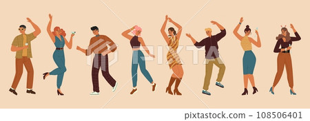 Young people cartoon characters dancing parting isolated set Young people cartoon characters dancing parting isolated set 108506401