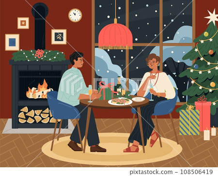 Happy loving couple celebrating Christmas and New Year at home Happy loving couple celebrating Christmas and New Year at home 108506419