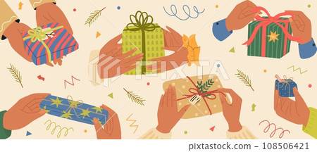 People hands holding or giving Christmas gifts box festive packaging People hands holding or giving Christmas gifts box festive packaging 108506421