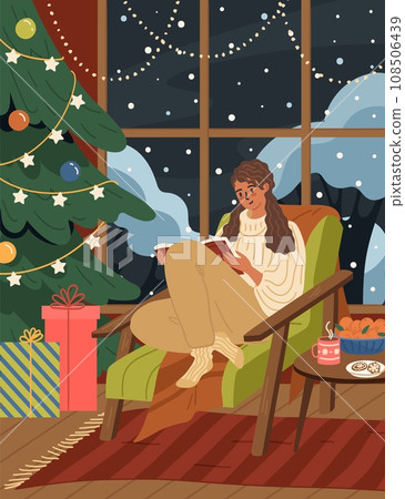 Relaxed young woman character reading sitting in armchair at Christmas eve 108506439