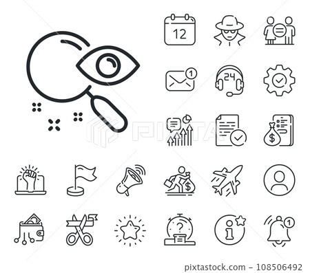 Find document sign. Salaryman, gender equality and alert bell outline icons. Search line icon. Magnify glass. Search line sign. Spy or profile placeholder icon. Online support, strike. Vector 108506492