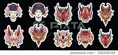 Japanese mask set oriental okame icon, oni vector Japan dragon character face, anime fox design. Japanese mask set oriental okame icon, oni vector Japan dragon character face, anime fox design. 108506566
