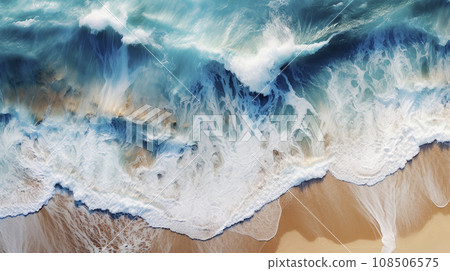 Top-down aerial view of a clean sandy beach on the shores of a beautiful blue sea 108506575