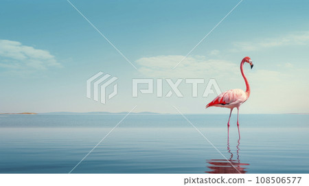 A pink flamingo standing alone in a blue lake water 108506577