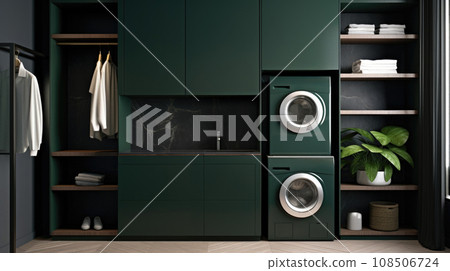 Laundry nook with stackable appliances. 108506724