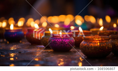 Diwali festival candles shining brightly, illuminating the spirit of celebration Diwali festival candles shining brightly, illuminating the spirit of celebration 108506807