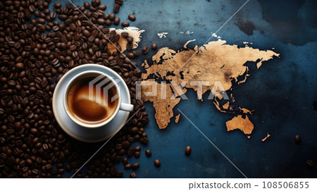 Celebrating International Coffee Day with a cup of coffee placed on a world map 108506855