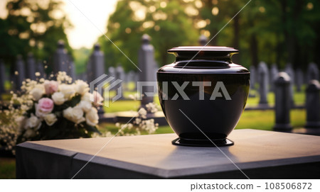 Black memorial urn with cremated remains, a token of farewell at a funeral. 108506872