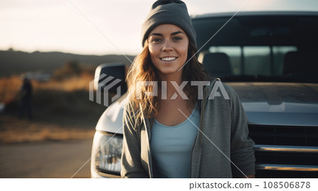 Happy lady on a road trip, smiling by her car, savoring the adventure of travel 108506878