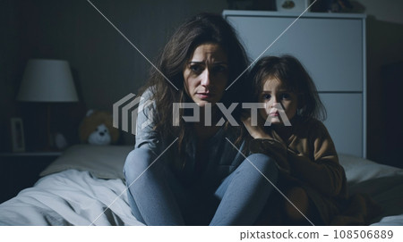 Depressed woman with her despondent child, grappling with the complexities of motherhood 108506889
