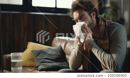 Unwell man on the couch, sneezing into a napkin 108506905
