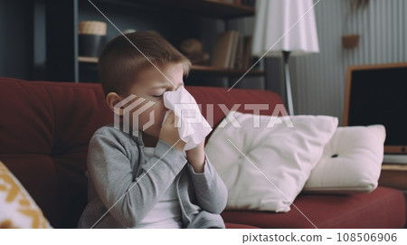 Youngster under the weather, using a napkin while sneezing on the sofa Youngster under the weather, using a napkin while sneezing on the sofa 108506906